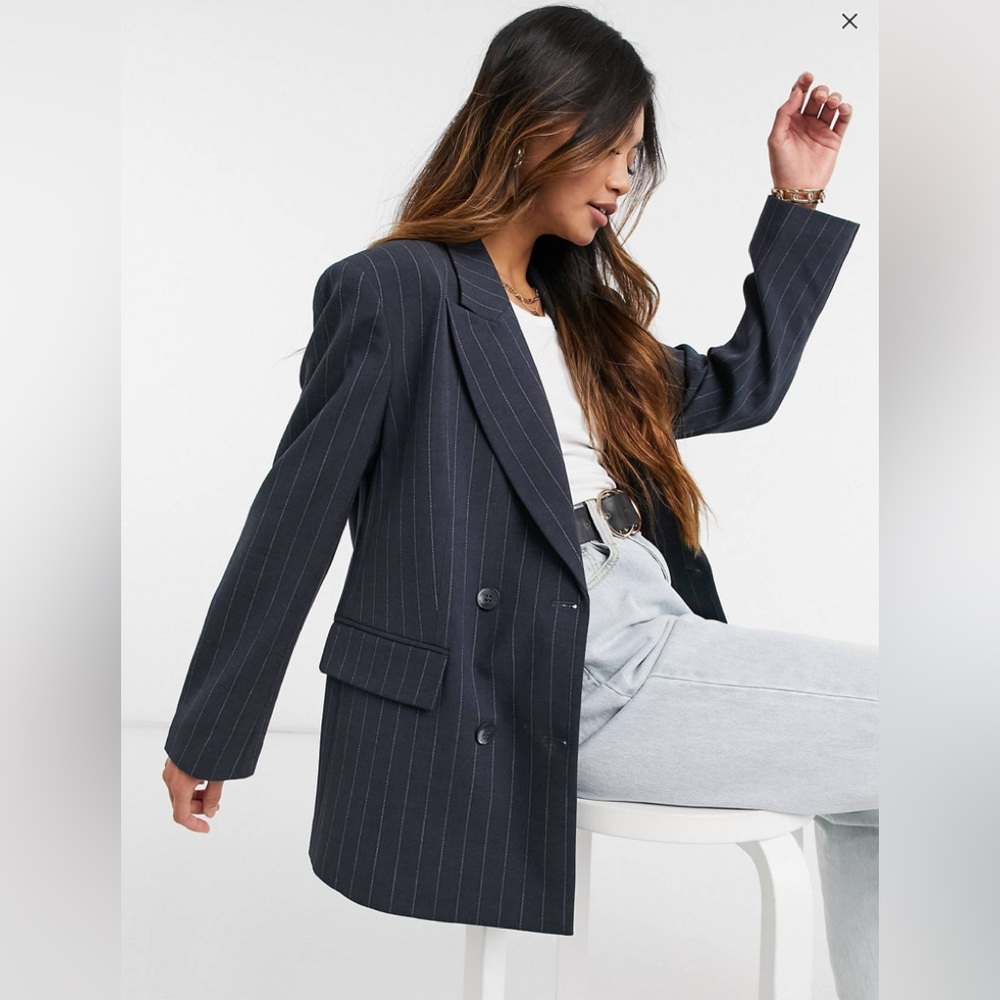 Selected Femme Double Breasted Blazer In Pinstripe Size 38